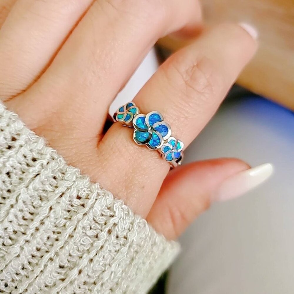 Plumeria Ring, Hawaiian Blue Opal Ring, Sterling Silver Women Ring, Anniversary